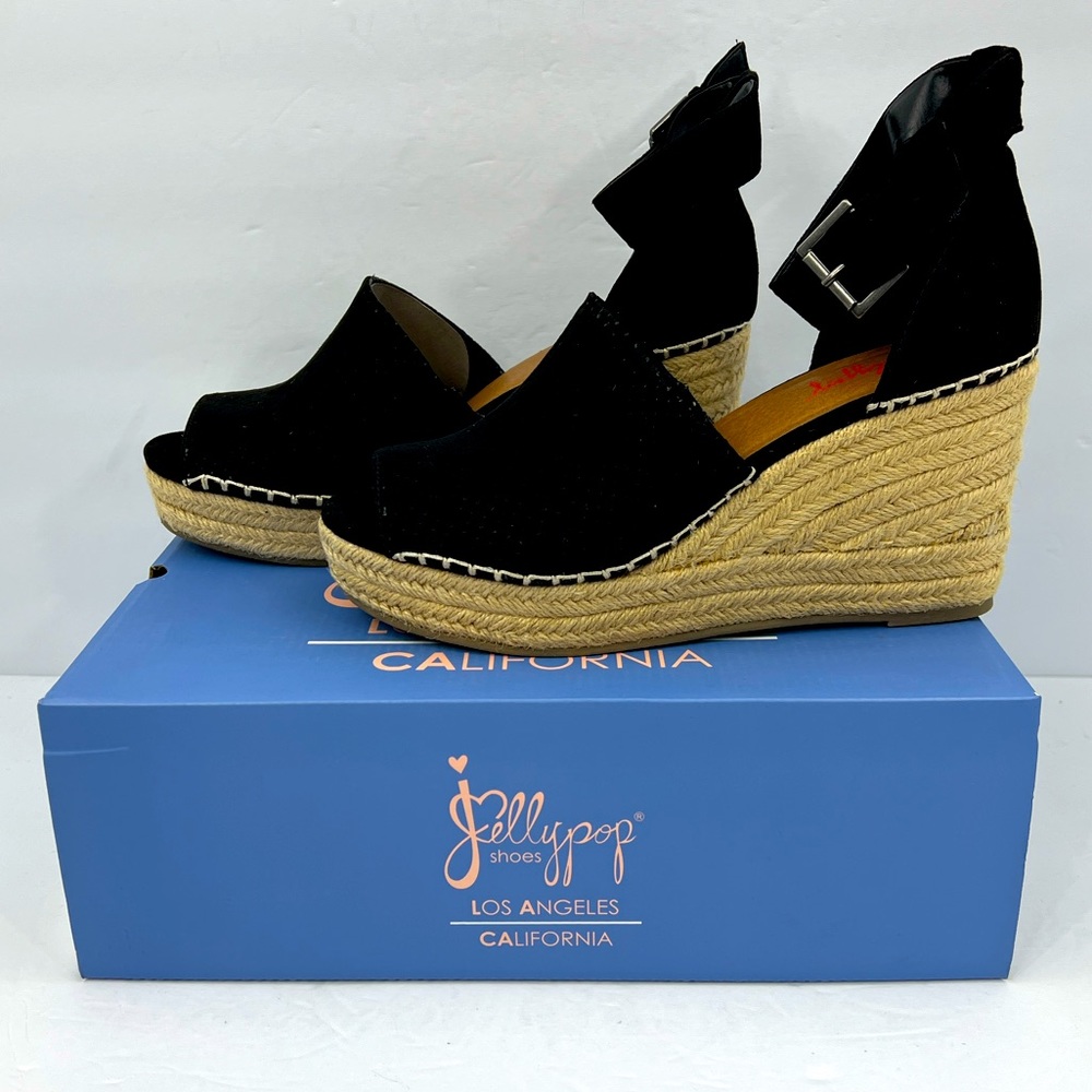JELLYPOP, RAVISHING BLACK ESPADRILLE, PEEP TOE, WEDGES ADJUSTABLE ANKLE LOOP, 9M